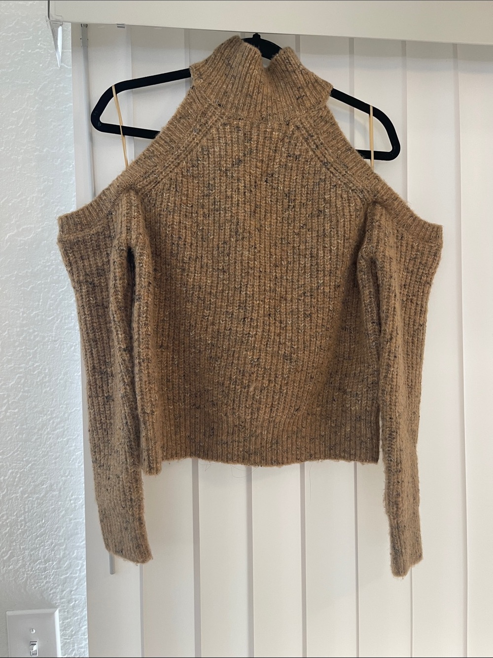 Cozy Cold-Shoulder Ribbed Sweater in Camel